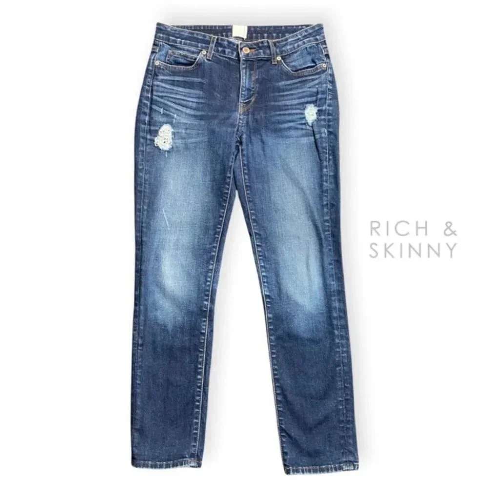 Rich & Skinny Distressed Blue Skinny Jeans with Embroidered Lace Patches